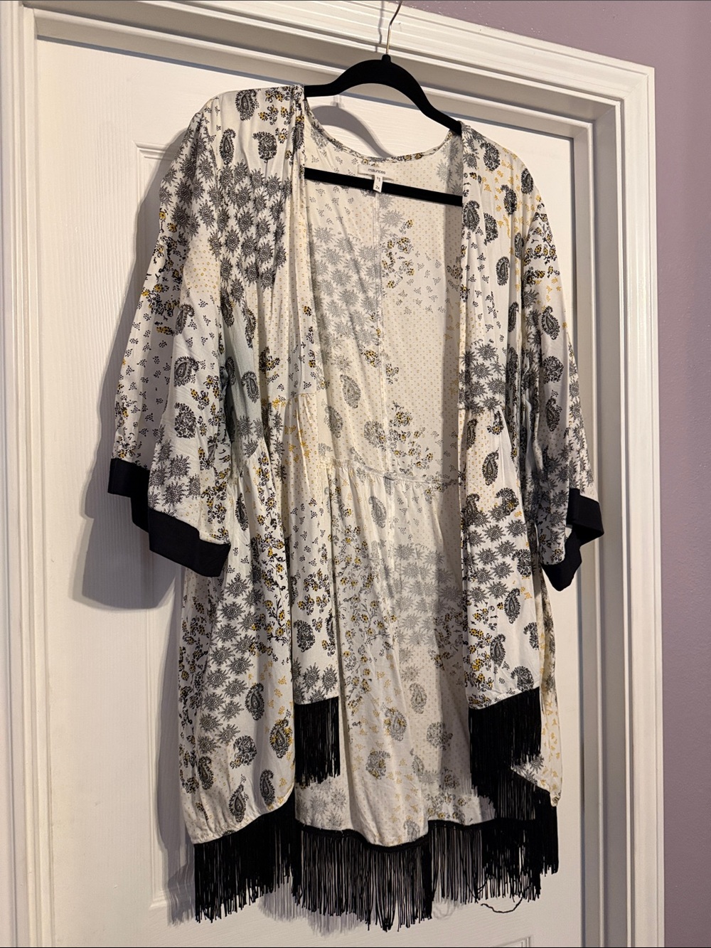 Maurices White Floral Fringe Kimono with Black Trim